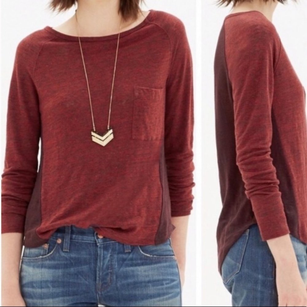 Madewell 100% Linen Curveball Long Sleeve Tee Red Size XS Pocket Crew Neck Top